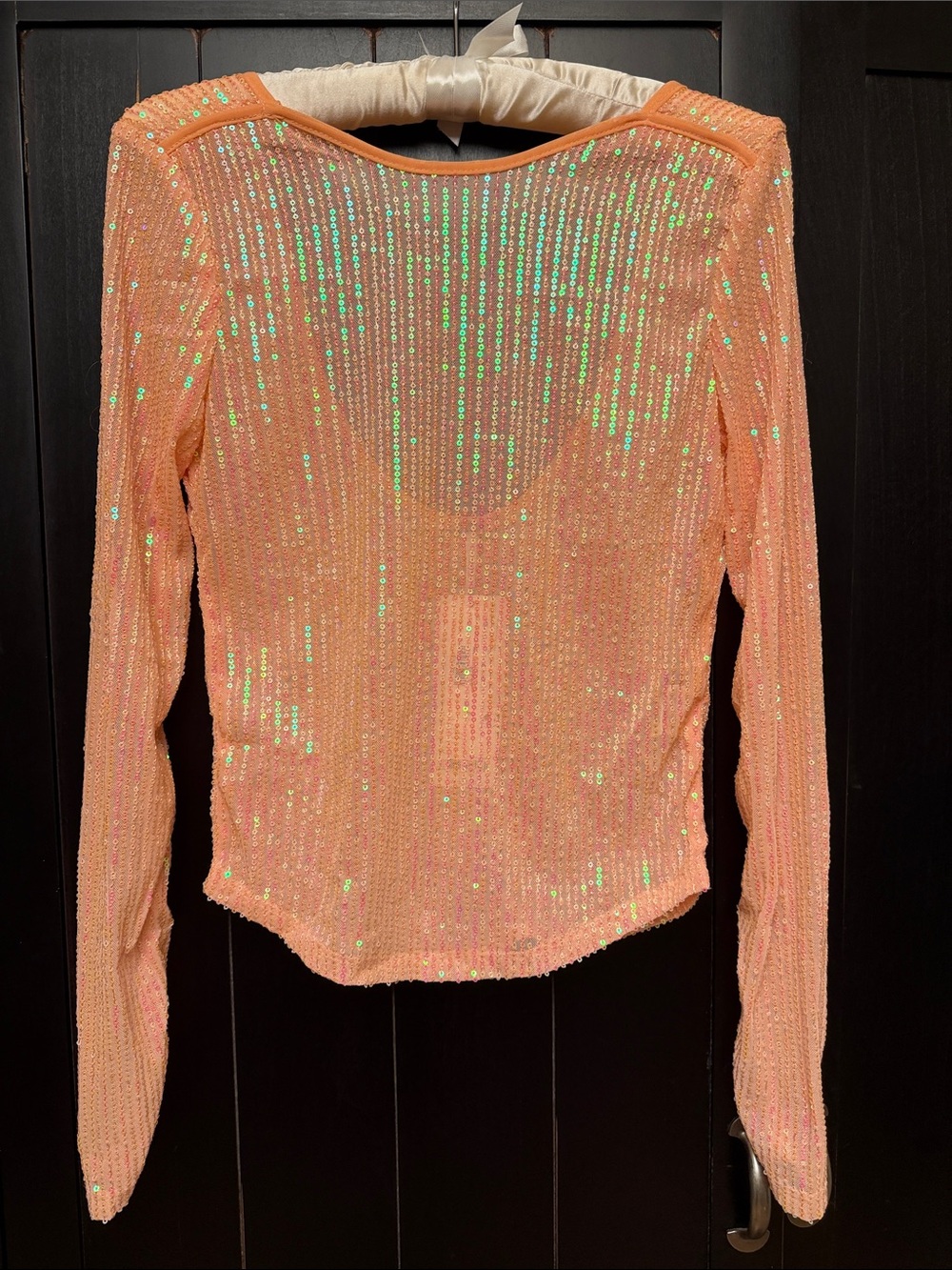 Free People Iridescent Peach Sequin Long-Sleeve Scoop Neck Top